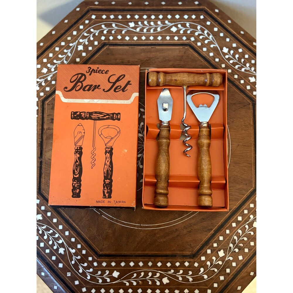 Vintage 3-Piece Bar Tool Set With Wooden Handles